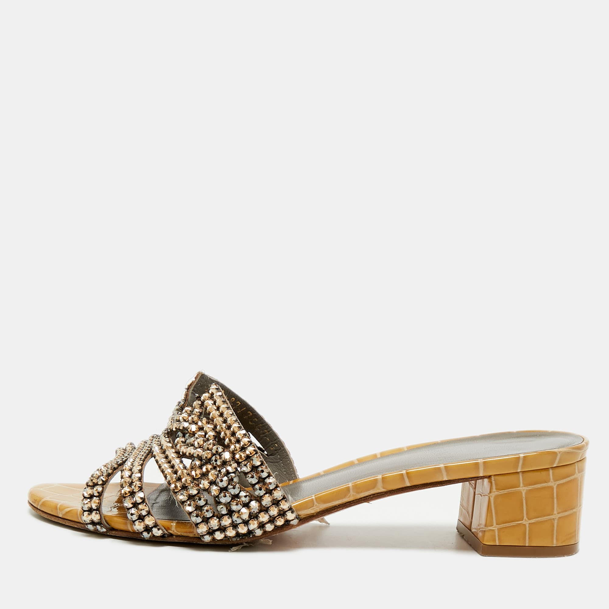 Gina Rodeo Size 36 Beige Croc Embossed Patent Leather Slide Sandals