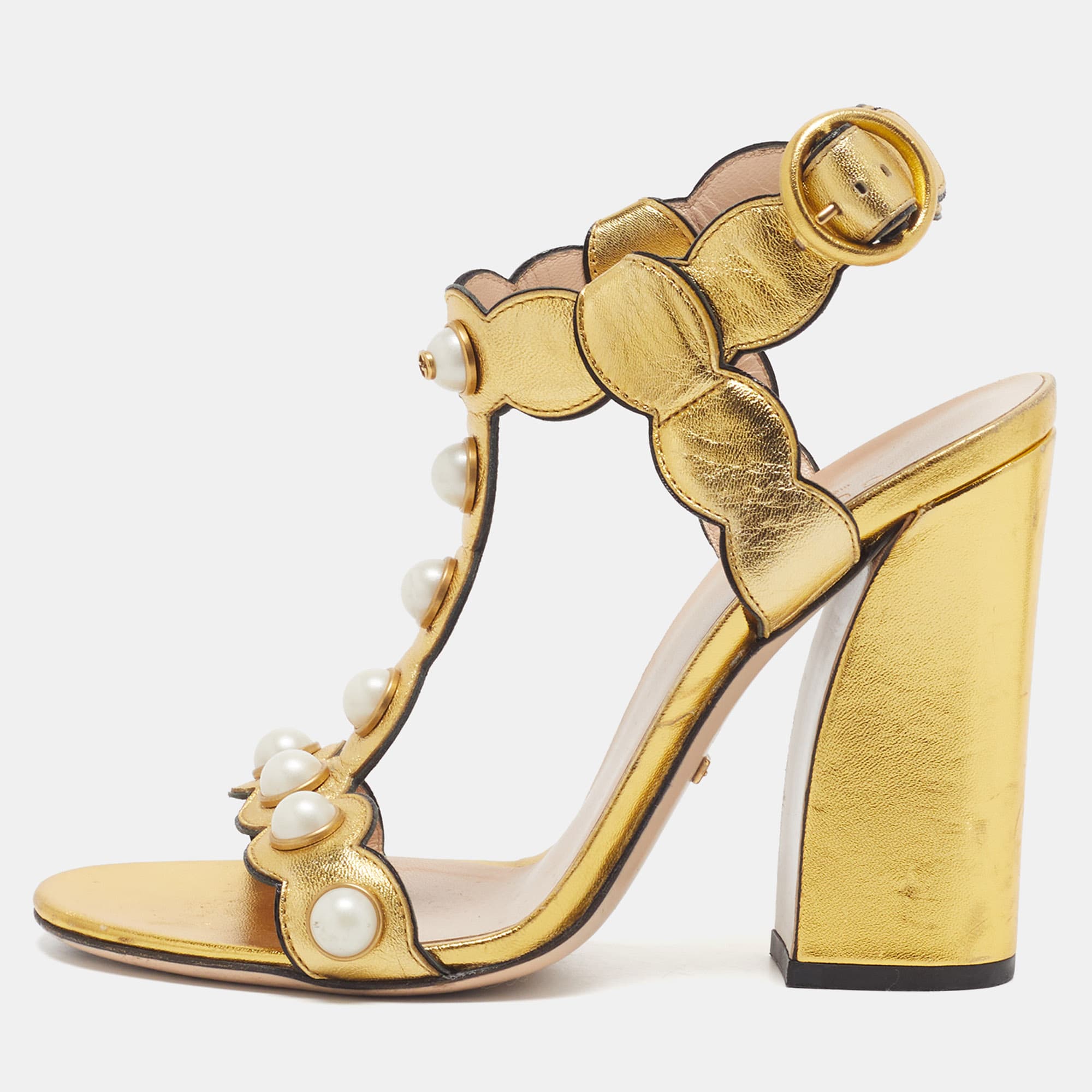 Gucci Willow Size 37.5 Black Leather Faux Pearl Embellished Ankle Strap Sandals