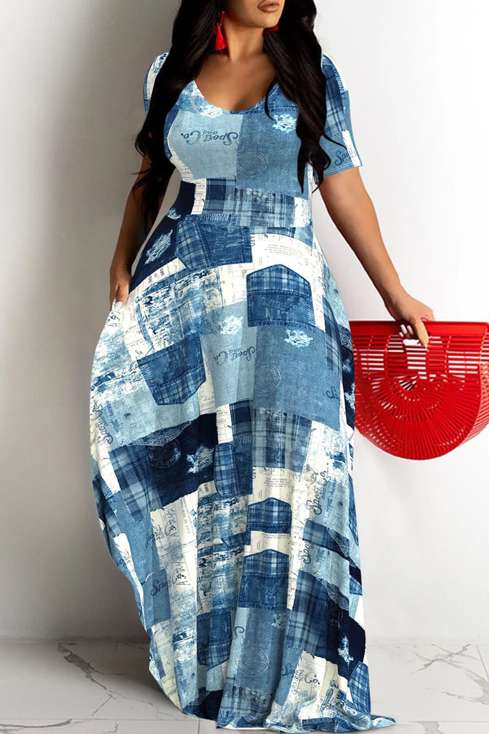 Plus Size Blue Casual Denim Print U Neck Short Sleeve Maxi Dresses Blue-2XL/18-20