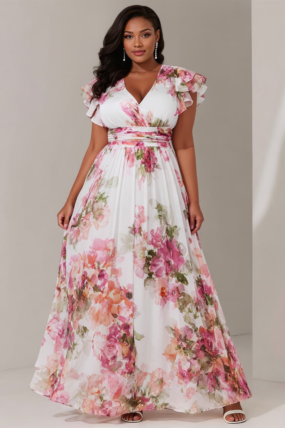 Xpluswear Design Plus Size Vacation Pink Floral V Neck Flutter Sleeve Short Sleeve Ruffle Chiffon Maxi Dresses