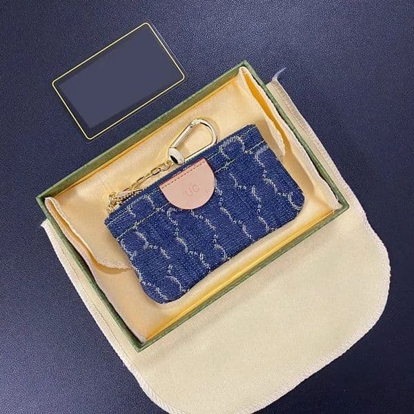Designer Mini Wallet Keychain Zippy Wallets Monogram Letter Denim Fabric Fashion Card Holder Keychains Women Coin Purse Pocket Handbag Key Pouch