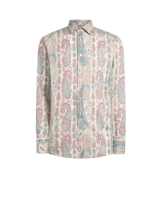 Etro, Shirt In Cotton Muslin With Paisley Foliage Motif, Man, Multicolour, Size 42