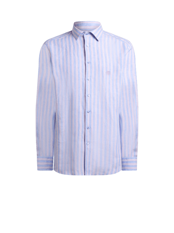 Etro, Striped Linen Shirt With Pegaso Embroidery, Man, Light Blue, Size 36
