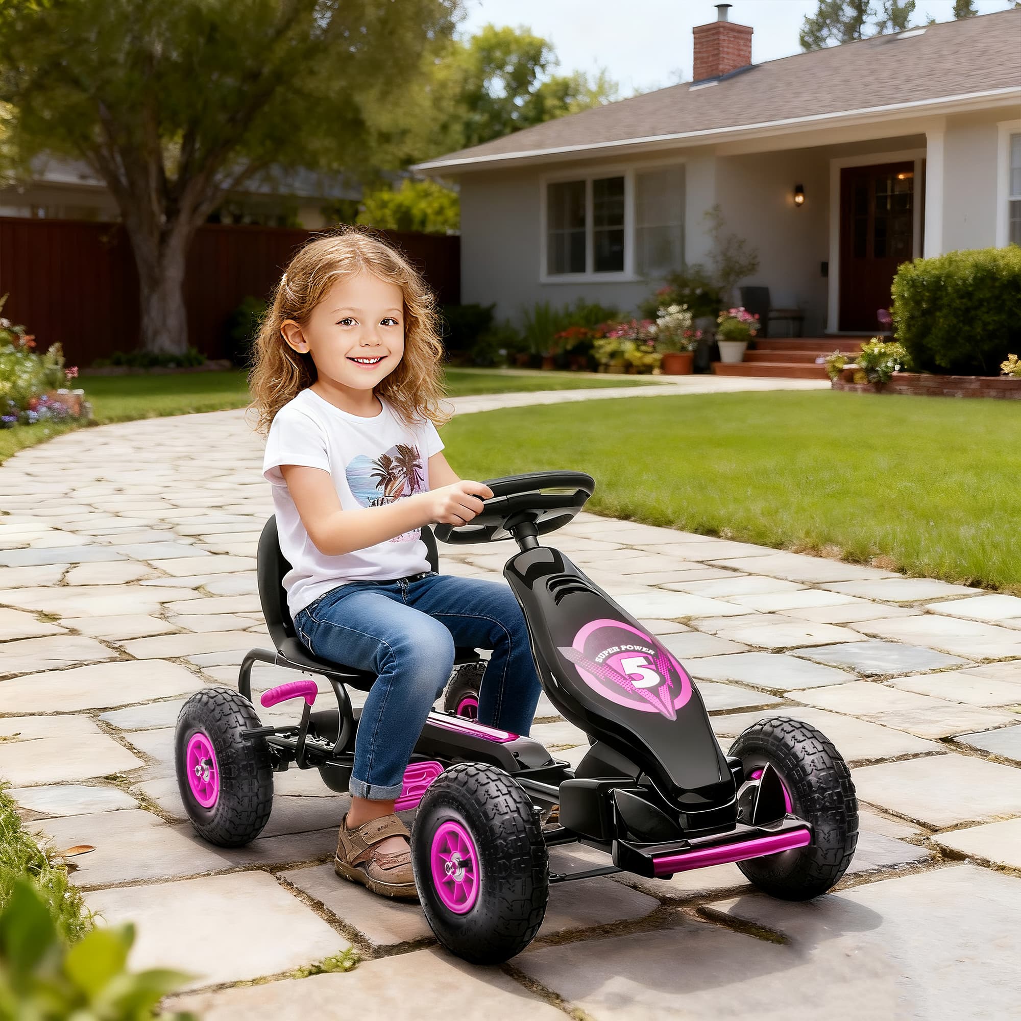 Aosom Pedal Go Kart w/ Adjustable Seat, Rubber Wheels Shock Absorb, Pink   Aosom Canada