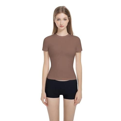 Women’s Slim Fitted Crew Neck T-Shirt Stretchy Cotton Y2K Short Sleeve Tees for Workout Basic Tees Going Out Tops
