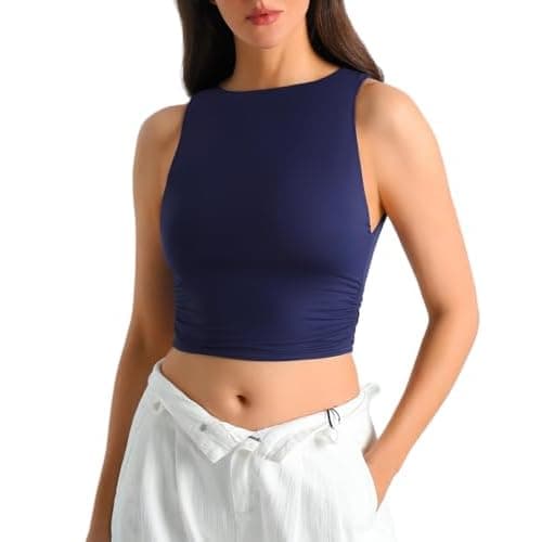 HOYAYO Women's Reversible Slim Fit Tank Top Boat Neck Sleeveless Dropped Armholes Side Ruched Double-Layer Crop Tee Shirt