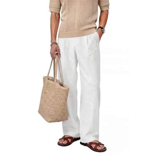 Heyfanee White Linen Pants Men Casual Loose Fit Summer Beach Pants for Men with Pockets 34
