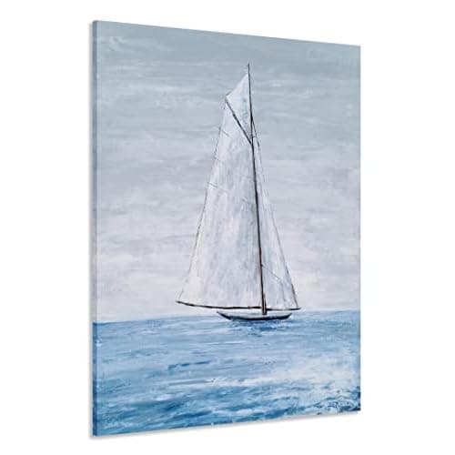 Yihui Arts Coastal Canvas Wall Art - Blue and White Nautical Boat Painting for Bathroom, Living Room, Bedroom, and Hallway Decor