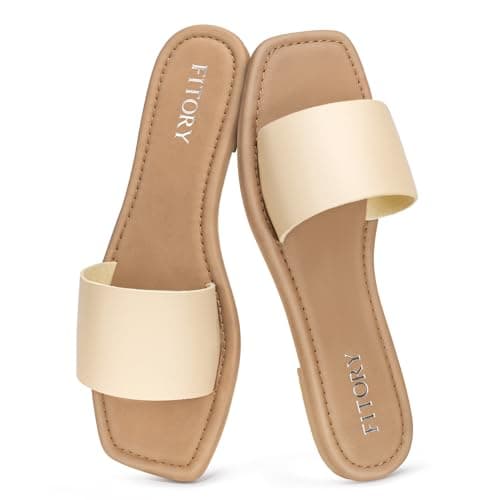 FITORY Womens Slide Sandals Dressy Flat Comfortable Slippers for Summer | Slip On Fashion Square Open Toe Single Band Soft Cushioned Footbed Casual