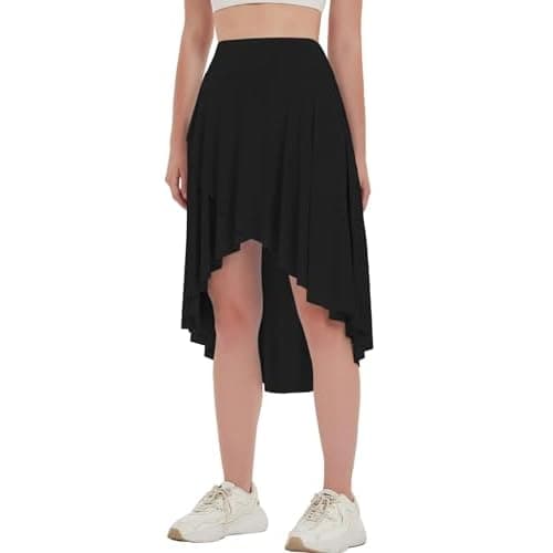 EXARUS Womens Asymmetrical Skirts High Low Flowy Dance Skort High Waisted with Underneath Ruffle Casual Small Black
