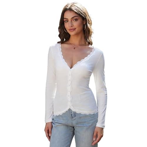 Cardigan for Women Cropped Lightweight V Neck Ribbed Going Out Tops Button Down Shirts Lace Trim Long Sleeve Tops