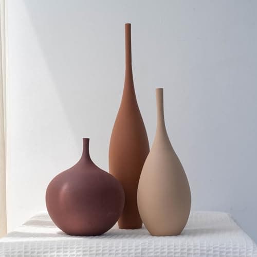 Relexome Ceramic Modern Vase Set of 3 Farmhouse Decorative Vase Minimalist Aesthetic Vases for Centerpieces Matte Ribbed Vases for Home Decor Table