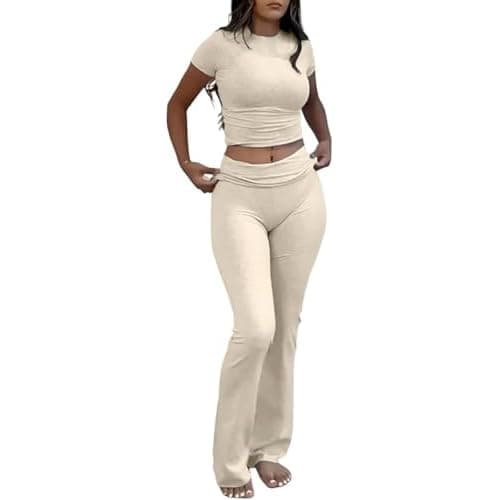 ZFLM Casual Workout Two Piece Outfits for Women Short Sleeve Crop High Waist Foldover Flare Pants Tracksuit Sets Streetwear