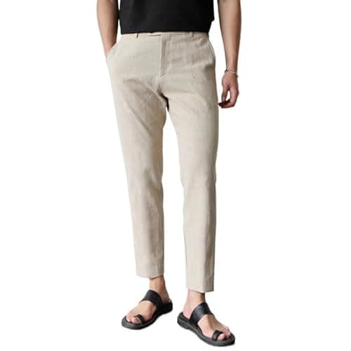 GINGTTO Linen Pants Men Slim Fit Elastic Waistband Lightweight Summer Beach Fashion Casual Pant Khaki 34W x 30L