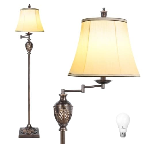 Traditional LED Floor Lamp with 350° Adjustable Swing Arm Lamp – Vintage Standing Pole lamp for Living Room, Bedroom and Office – Rustic Upright
