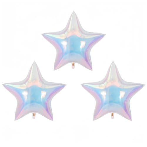3Pcs Iridescent Star Balloons 32Inch/Christmas Clear Foil Transparent Rainbow Balloons/Multicolor Star Gorgeous Balloon/Under The Sea Party Mermaid