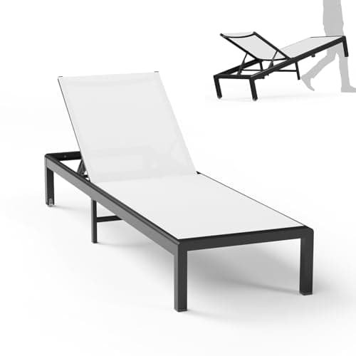 Patio Chaise Lounge Chair, with Wheels,White | Aluminum alloy frame, lightweight. 5-position recliner. Quick-drying fabric. Use at poolside, deck,