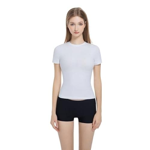 Women’s Fitted Crew Neck T-Shirt Stretchy Cotton Y2K Short Sleeve Tees for Workout Basic Tees Going Out Tops White