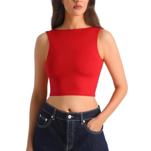 HOYAYO Womens Boat Neck Open Back Crop Top Sleeveless Double-Layer Slim Fit Tank Top Basic T Shirts