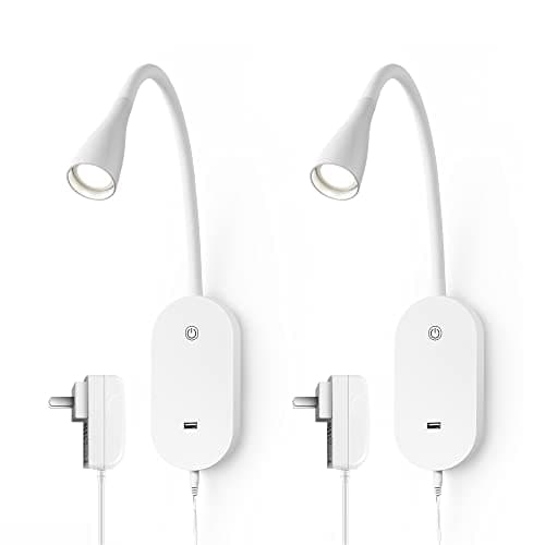 Wall Mounted Reading Lights, Set of 2, Dimmable, USB Charging | Two focused bedside lights with touch dimming, flexible goosenecks, USB charging and