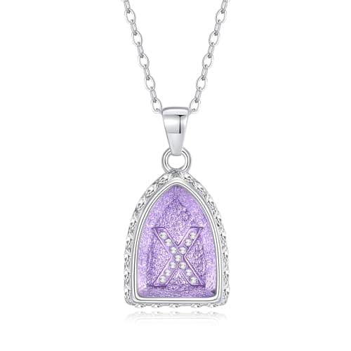 Ahiller Bullet Shield Initial Necklace, 18+3 Inch Purple Crystal Rhinestone Choker Letter Pendant Name Alphabet A-Z Jewelry for Women