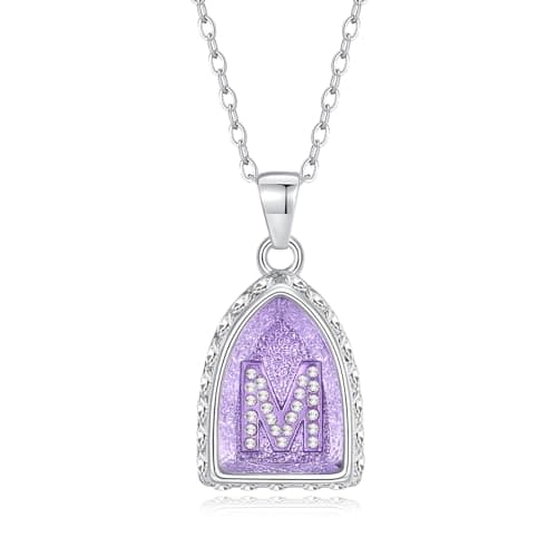 Ahiller Bullet Shield Initial Necklace, 18+3 Inch Purple Crystal Rhinestone Choker Letter Pendant Name Alphabet A-Z Jewelry for Women