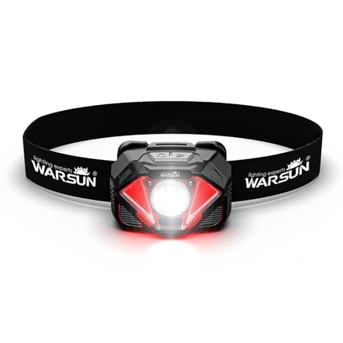 WARSUN WH02 LED Headlamp, Rechargeable Headlamp with Motion Sensor, Ultra-Light Bright Head Light with Dual Power, 5 Modes Red White Light for Hiking,