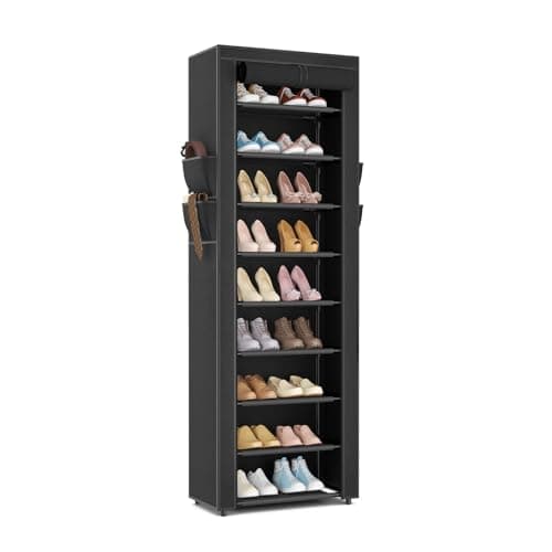 LANTEFUL Narrow Shoe Rack with Cover 10 Tier Tall Shoe Rack Organizer Large Capacity Shoe Shelf Storage 18-22 Pairs Space Saving Free Standing Shoe