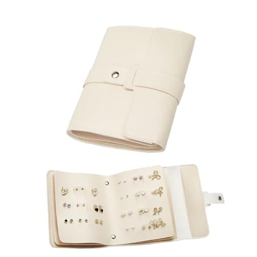 LAKE OF FIRE Earring Holder Organizer with Foldable Book Design,Beige | Portable,Pu Leather,42 Pairs Earring Storage Organizer,Travel Essentials for