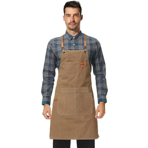Canvas Work Apron,Cross Back Aprons for Men,Women,Cooking,Carpenter,Woodworking,Chef,BBQ,Grilling,Bartender Brown