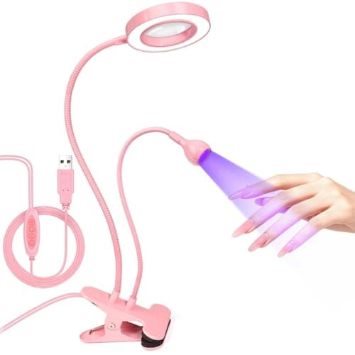 AORAEM LED UV Nail Lamp with Double-Head and 6X Magnifier, Pink | Gooseneck Lamp for Gel Nails, Flash Cure Lamp for Home DIY Salon