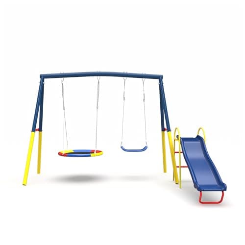 440lbs Swing Set for Backyard with Stand, Swing Heavy Duty Metal Outdoor Swing Stand, Contain 1 Saucer 32" & 1 Belt seat 26.2" + 53in Blow Molded