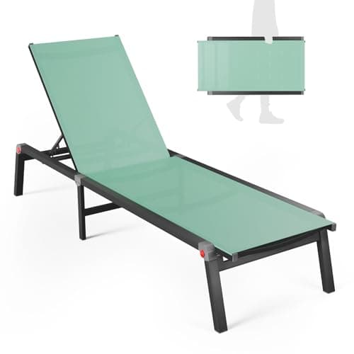 Patio Lounge Chair, Aluminum Foldable 5-Position,1 Pack,Green | Lightweight rustproof aluminum. Breathable quick-dry fabric. Full flat recline for
