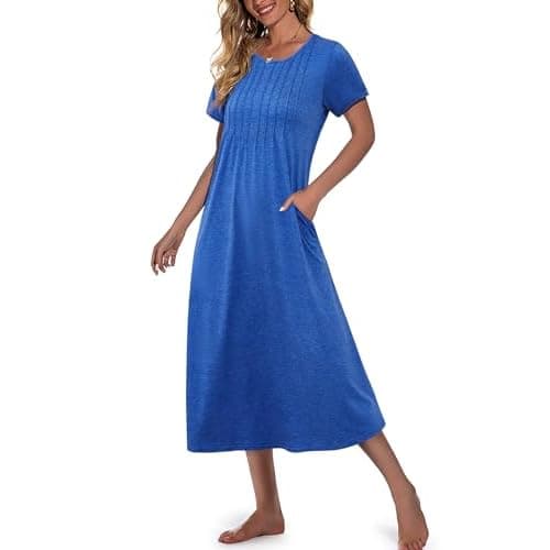 Marvmys Womens Long Cotton Nightgown Short Sleeve Nightshirt O Neck Sleepwear Full Length Sleepshirt with Pockets S-3XL