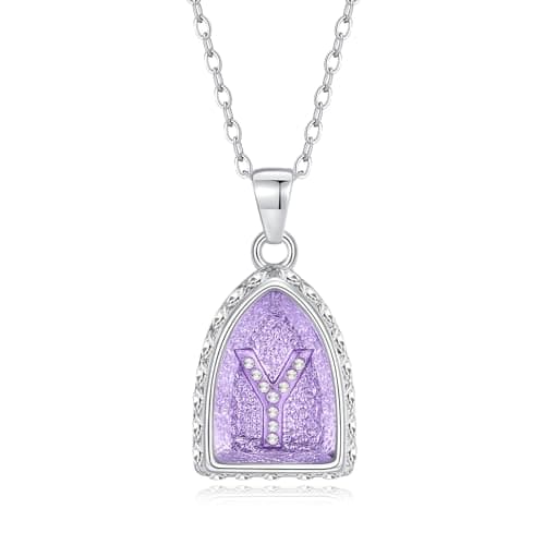 Ahiller Bullet Shield Initial Necklace, 18+3 Inch Purple Crystal Rhinestone Choker Letter Pendant Name Alphabet A-Z Jewelry for Women