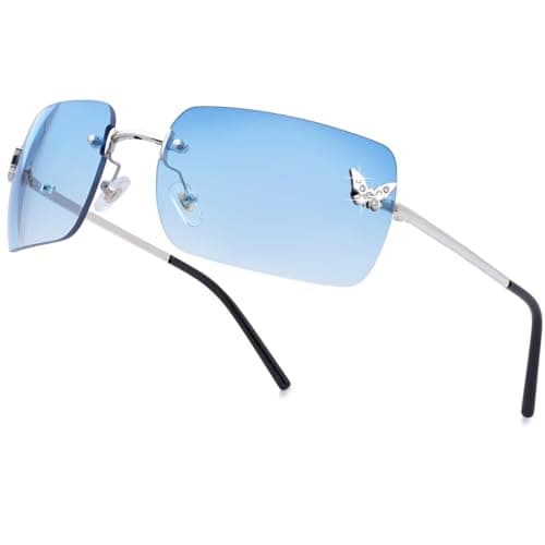 knliwkm Rimless Rectangle Y2k Sunglasses for Women Men Cute Small Frameless Blue Tinted Lens 2000S Fashion Shades with Butterfly
