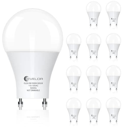 evelor GU24 LED Light Bulb,60 Watt Equivalent Daylight White 5000K,12-Packs | Non-Dimmable,Efficient 9W,800 Lumens Twist and Lock 2 Prong Light