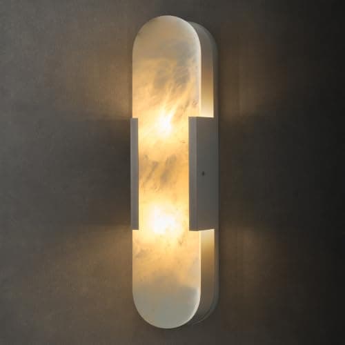 Alabaster Brass Oval Wall Sconce: Gun Gray Natural Stone Indoor Light | Elongated Brushed Vanity Light with Bulb, Luxury Modern Dimmable Sconces for