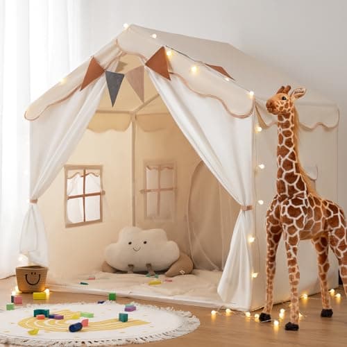 besrey Kids Tent, Kids Playhouse 2 in 1 with Padded Mat and Lights, Large Play House with 2 Doors & 4 Windows, Kids Play Tent Indoor & Outdoor,