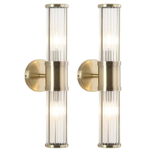 Brushed Bronze Wall Sconces Set of Two, Bathroom Sconces with Glass Rods Shade, Modern Vanity Sconces Lighting Over Mirror, Wall Light Fixtures for