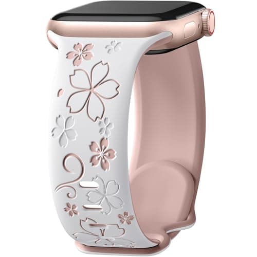 Floral Engraved Band Compatible with Apple Watch Bands for Women 40mm 41mm 42mm 38mm 44mm 45mm 46mm, Soft Silicone Cute TwoTone Flower Sport Strap for