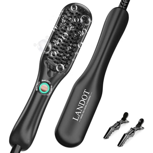 LANDOT Mini Hair Straightener Brush, Ionic Heated Comb for Frizz-Free Styling, Compact Dual Voltage Travel Flat Iron Comb for Short & Medium Hair,