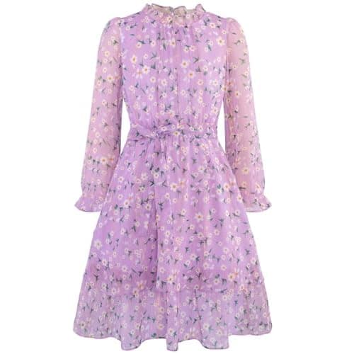Alakuoti Kids Girl Long Sleeve Dress Elegant Semi Formal Holiday Wedding Guest Outfits Cute Dresses for Girls 10-12 Purple Flower