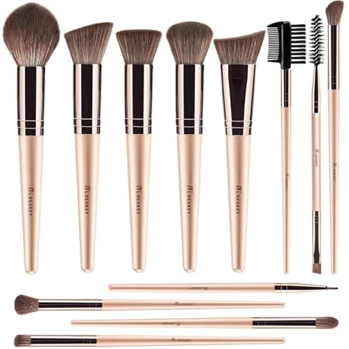 BEAKEY Makeup Brushes, 12-Piece Vegan Set for Foundation and Eyeshadow | Soft high-density Taklon fibers with durable birch handles, easy to clean for