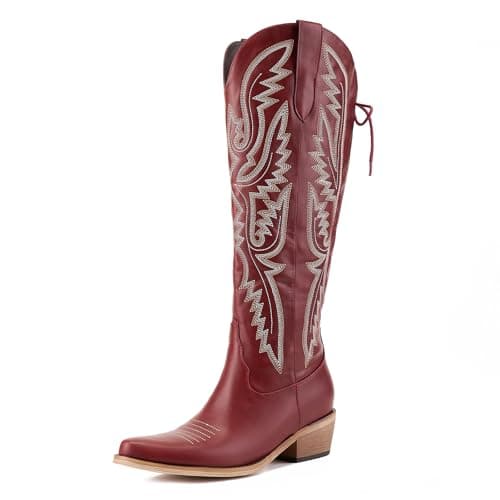 Wide Calf Cowboy Boots for Women Knee High Cowgirl Boots Adjustable Lace Up Embroidered Boots with Side Zipper Pointed Toe Chunky Heel Western Boot.