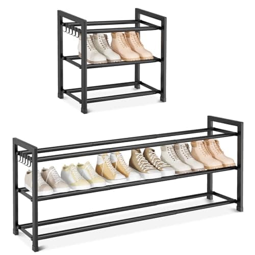Expandable Shoe Rack - 18.5''- 47'' Adjustable Shoe Rack for Closet, 3 Tier Long Shoe Shelf Storage for 18 Pairs Shoe and Boot, Sturdy Metal Shoe