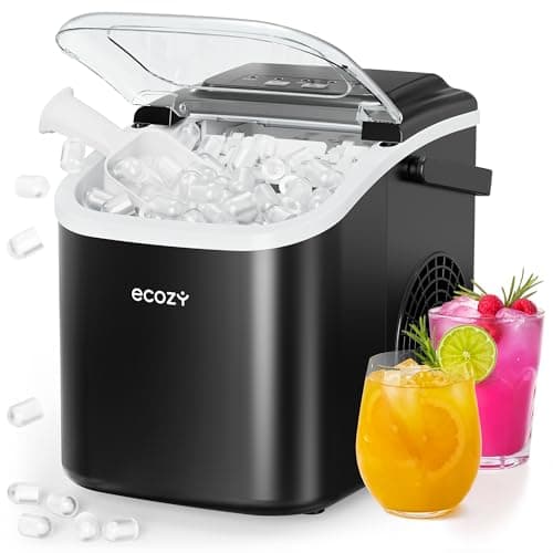 ecozy Portable Ice Makers Countertop, 8 Cubes in 6 Mins, 26lbs/Day - Black | Bullet Ice Maker Machine with 2 Ice Sizes, Self-Cleaning Ice Maker with