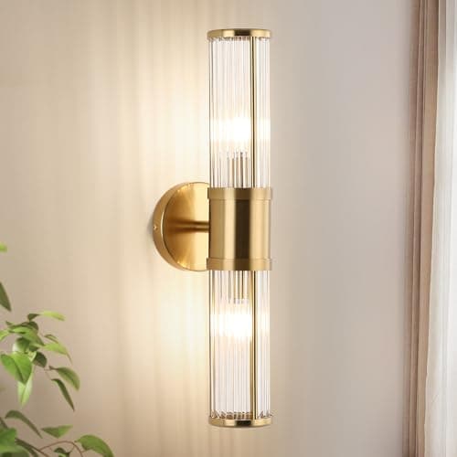 Modern Brushed Brass Vanity Light Fixture 1 Pack, Dual Glass Rods Wall Sconce for Bathroom, Double Light Socket E12 Candelabra Base, Mirror Vanity