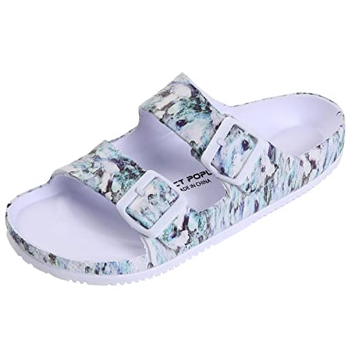 VICT POPU Womens Sandals Adjustable Double Buckle Strap Waterproof EVA Flat Slides