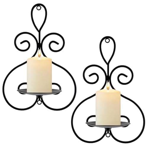 Wall Candle Sconces Set of 2, Metal Wall Candle Holders, Home Decor, Black | Double Scroll Pattern, For Living Room, Dining Room, Bedroom, Easy-Mount,